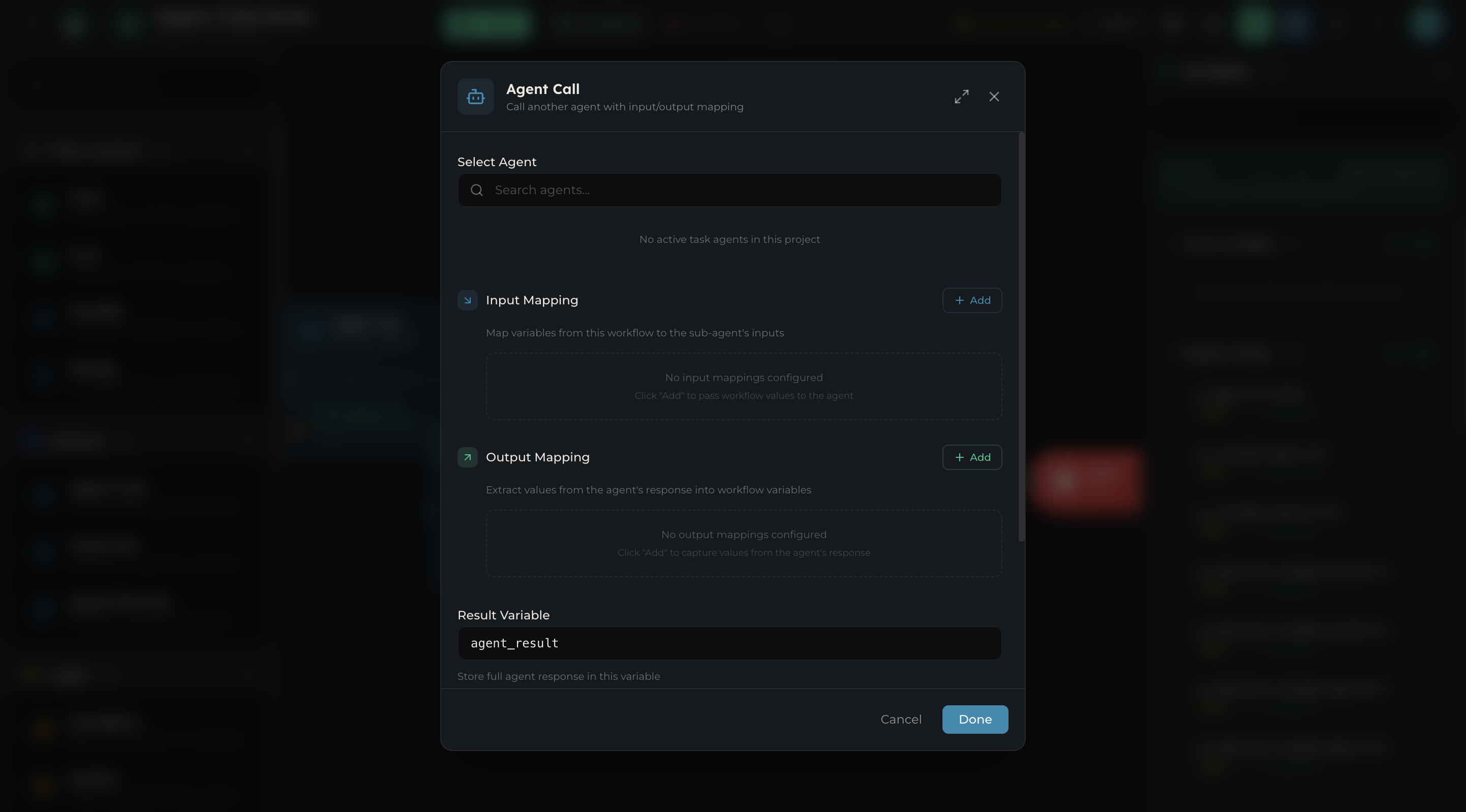 Agent Call node configuration showing agent selection, input/output mapping, timeout, and retry settings