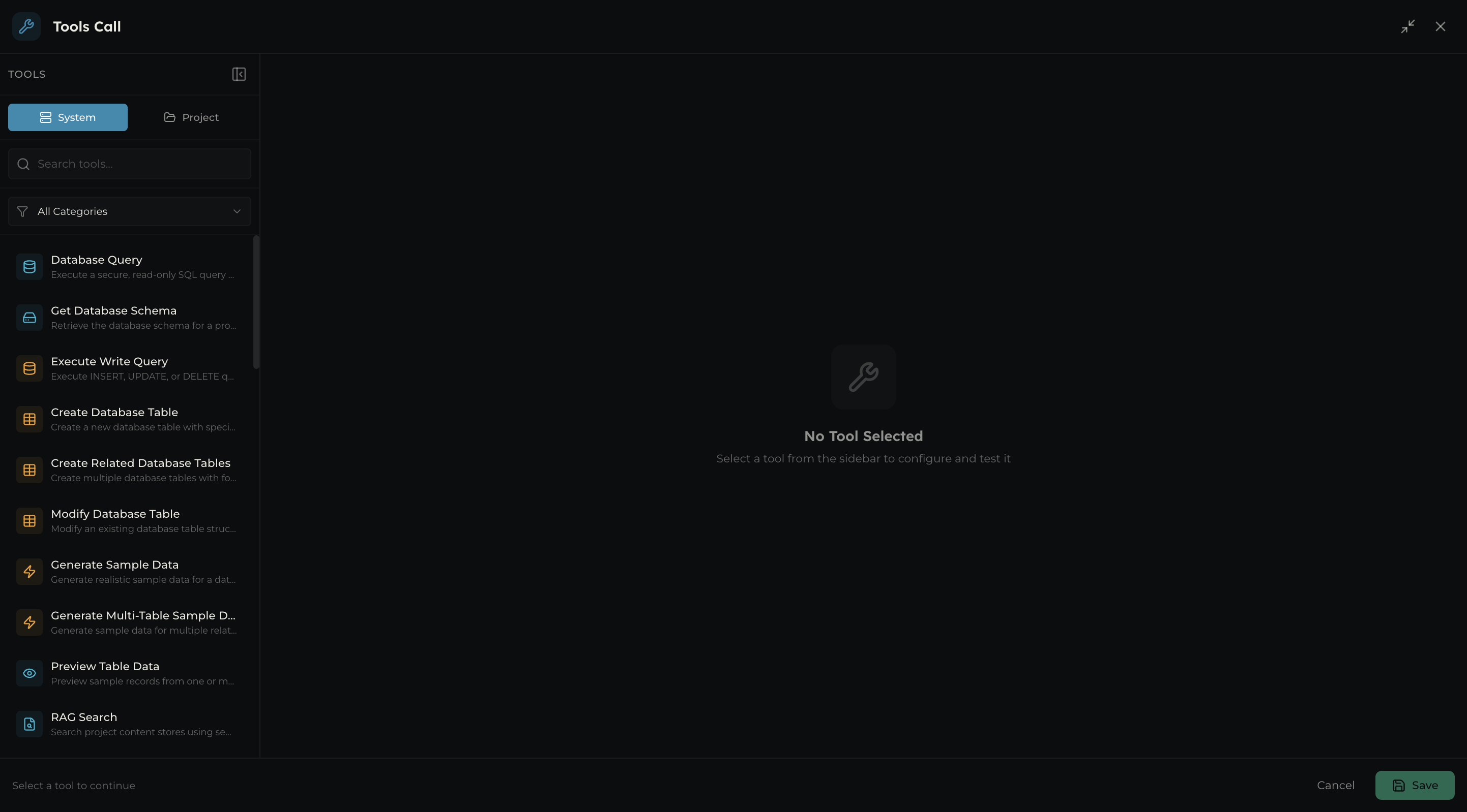 Tools Call node showing System/Project tabs, category filter, search, and tool list