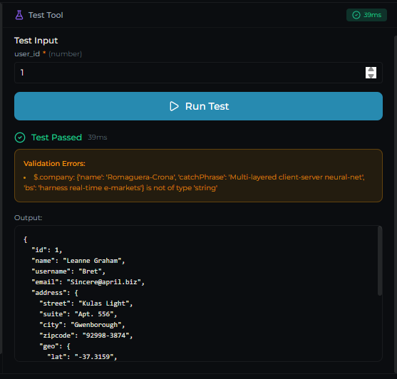 The Test tab showing a passed tool run with output