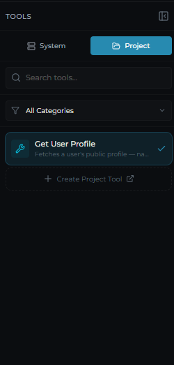 The Tools Call node tool selector sidebar with System and Project tabs and search