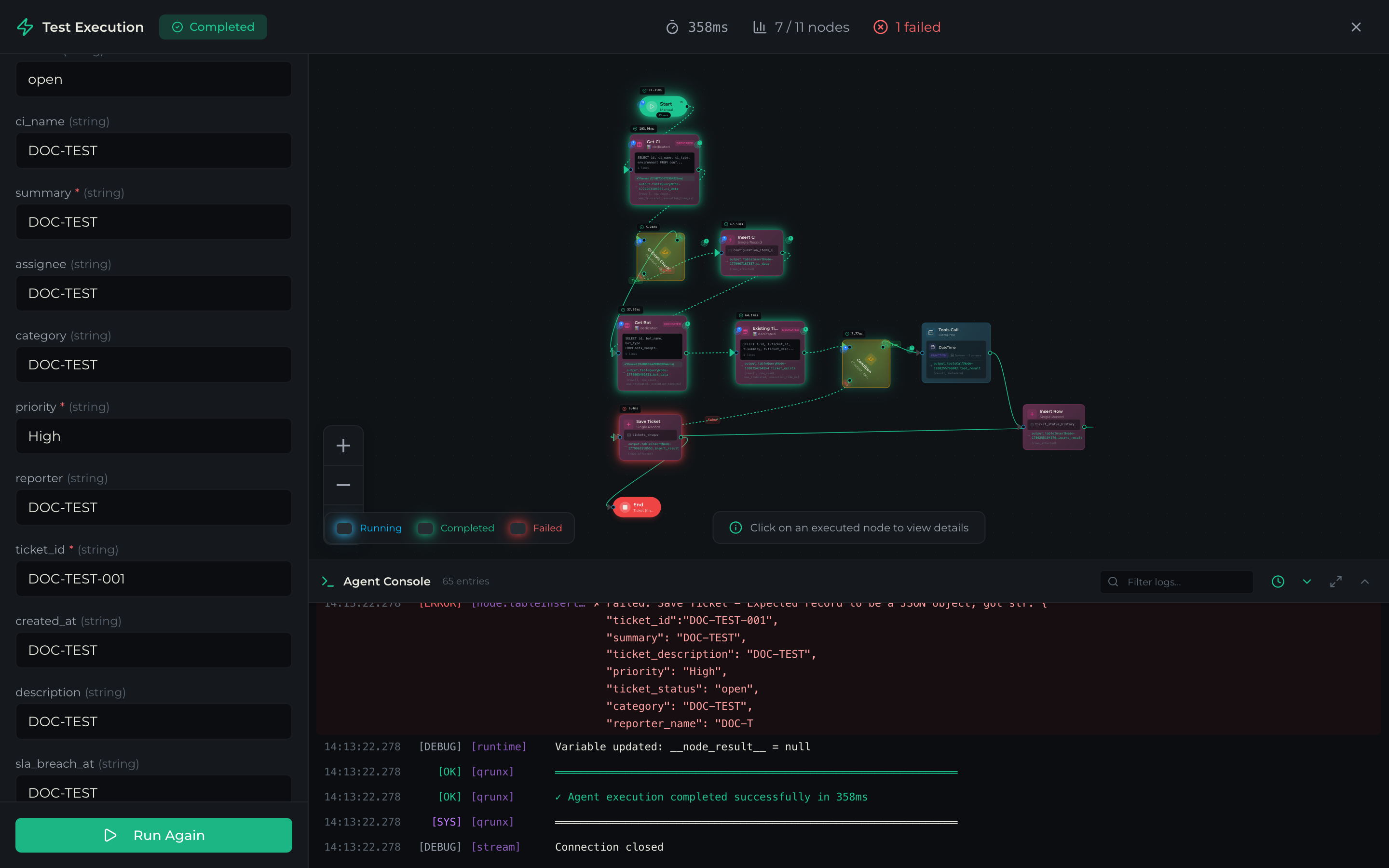 Completed test execution showing per-node Completed and Failed states on the canvas, the 7 / 11 nodes progress and elapsed time in the header, and streaming logs in the Agent Console