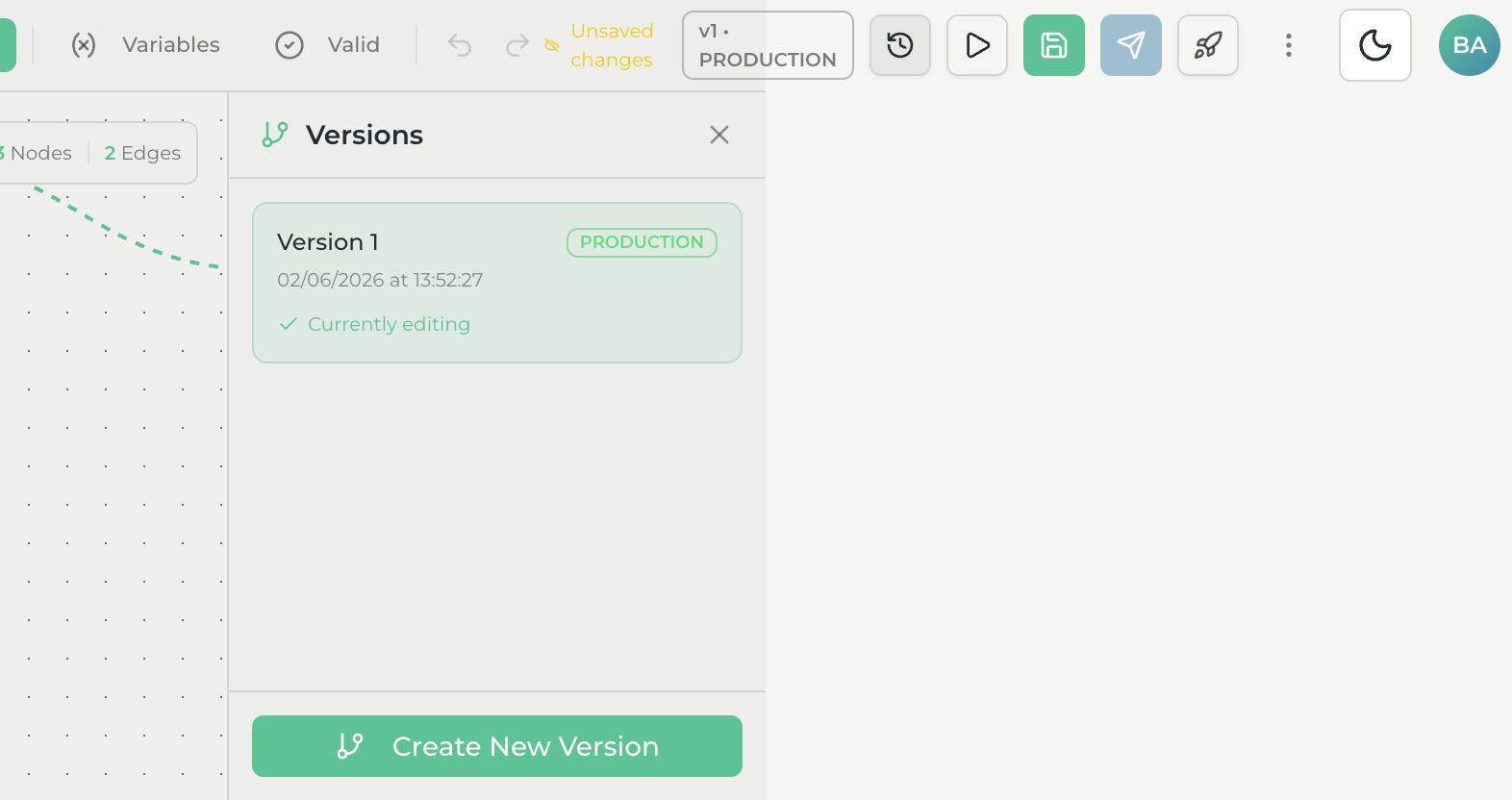 Versions panel showing Version 1 with PRODUCTION badge and Currently editing indicator