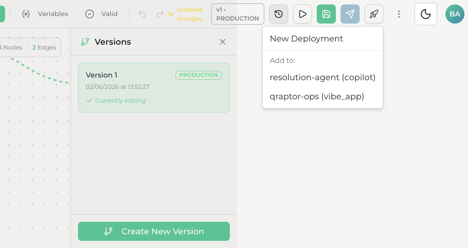 Deploy dropdown menu showing New Deployment option and existing deployments