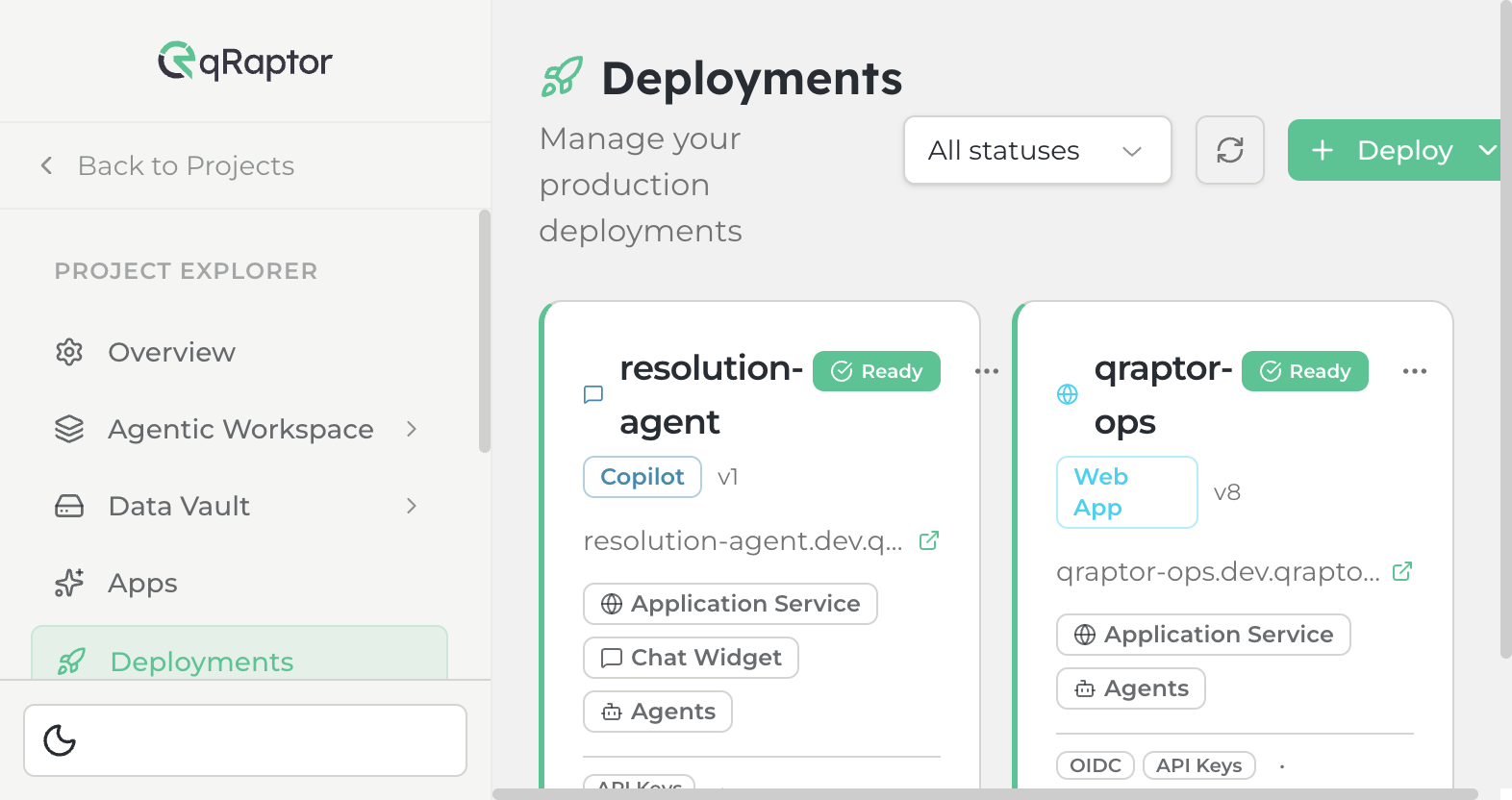 Deployments page showing two active deployments with status, URL, channels, and auth info