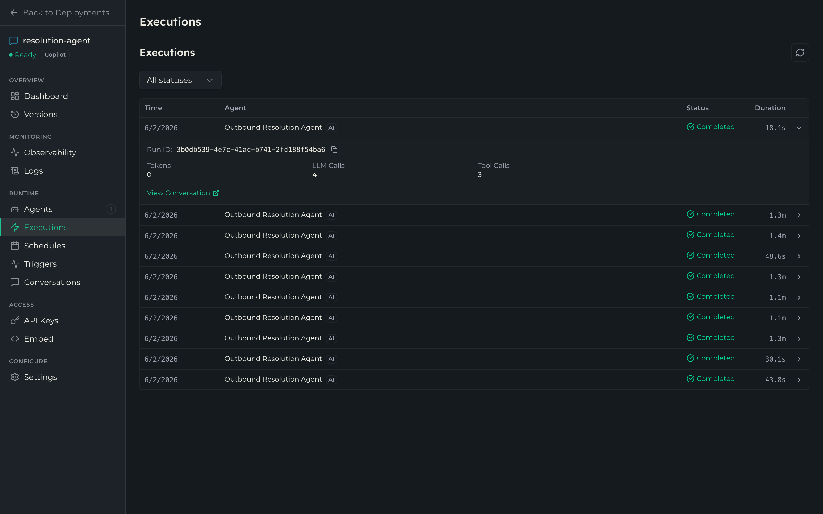 Expanded execution row showing Run ID, token count, LLM calls, tool calls, and a View Conversation link