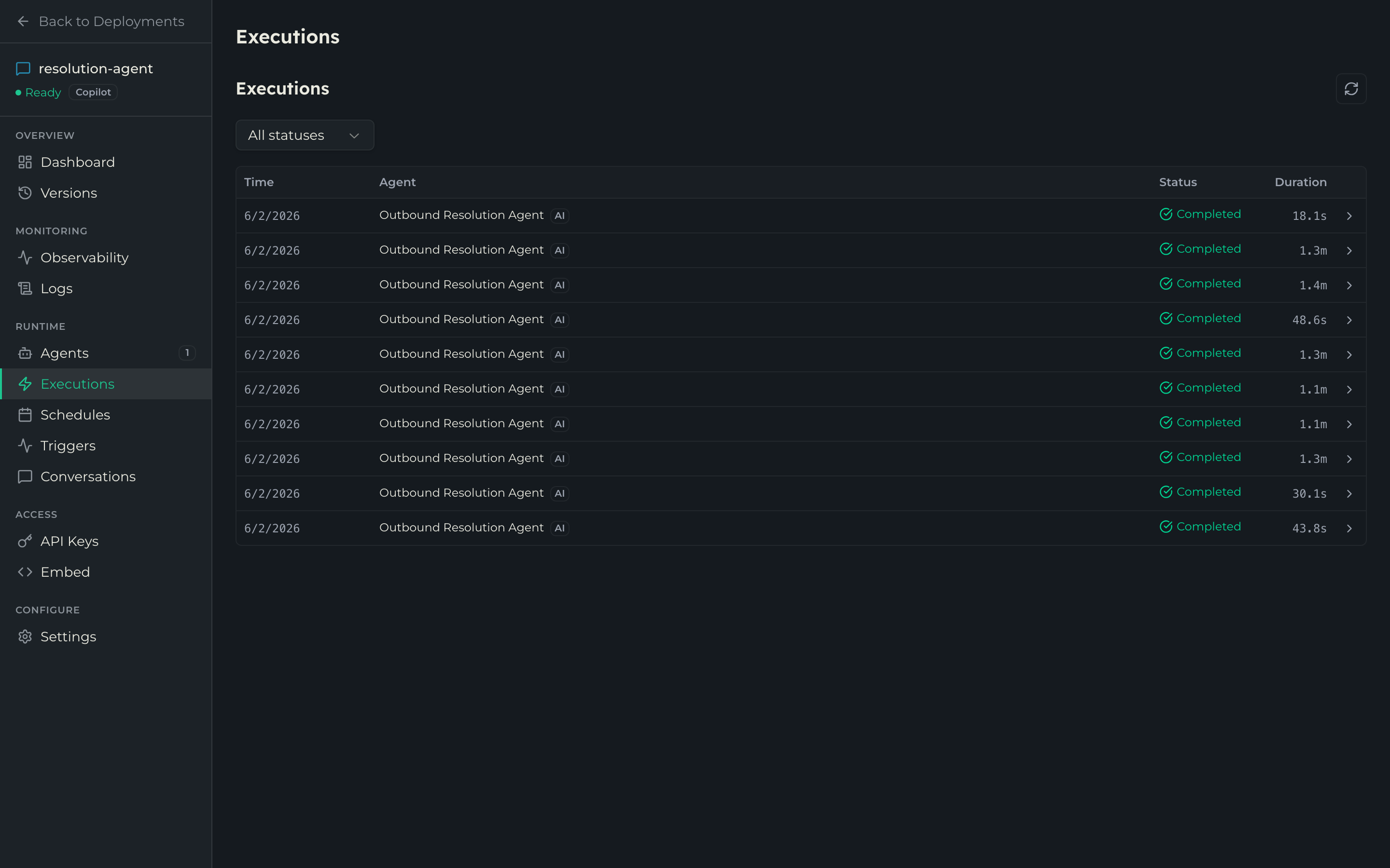 Deployment Executions page listing agent runs with time, agent, status, and duration