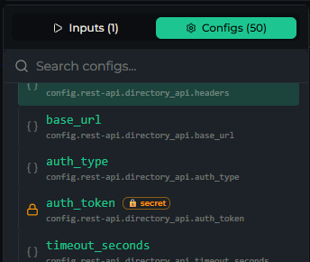 The template variable picker showing the Inputs and Configs tabs