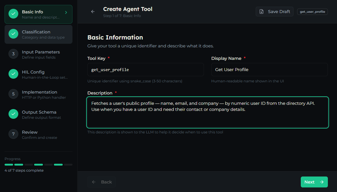 Basic Info step with Tool Key, Display Name, and Description fields