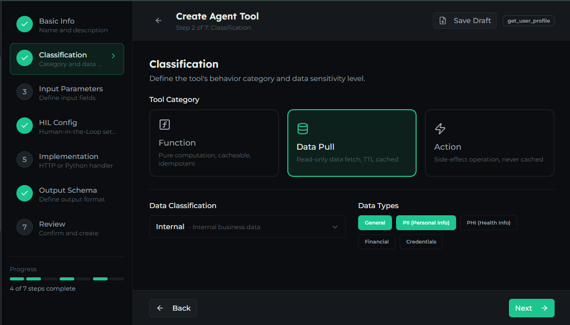 Classification step showing category cards, data classification, and data type tags