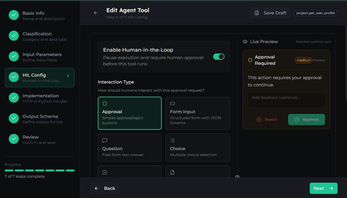 HIL Config step with the Human-in-the-Loop toggle, interaction type, and live preview