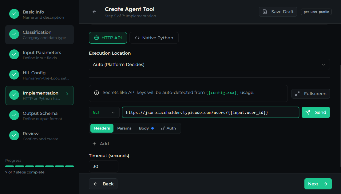 Implementation step showing the HTTP API and Native Python target buttons and execution location