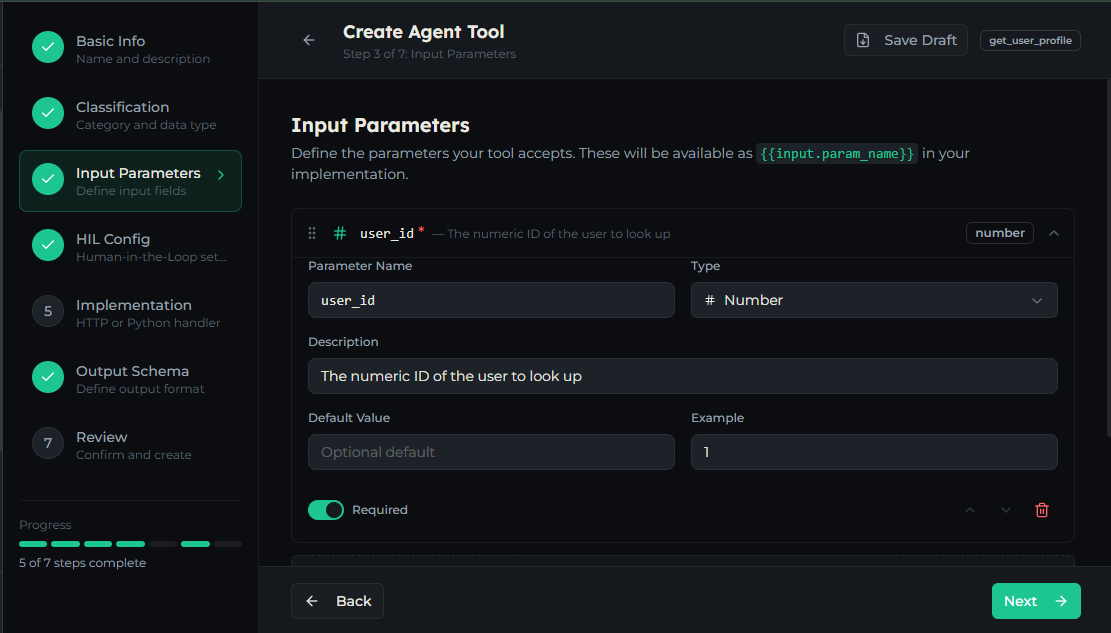 Input Parameters step showing a parameter editor with name, type, and required toggle