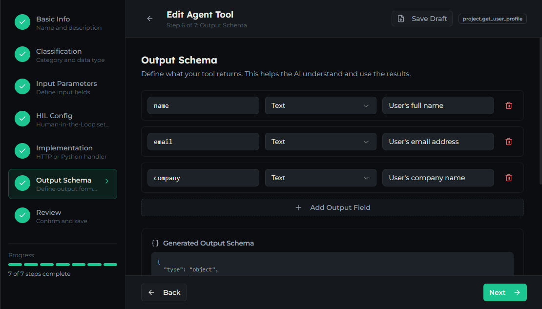 Output Schema step with the output field builder and generated schema