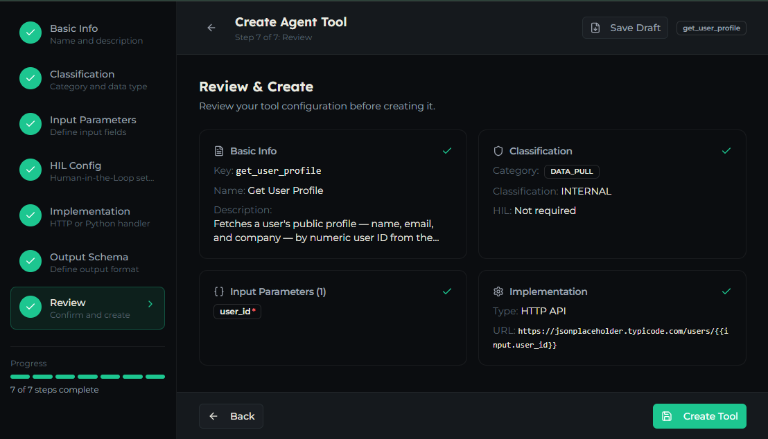 Review step summarizing the tool configuration with the Create Tool button