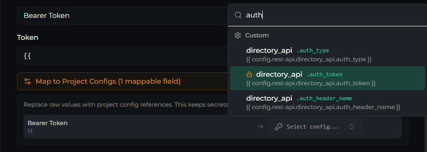 The Map to Project Configs panel mapping auth fields to project config references