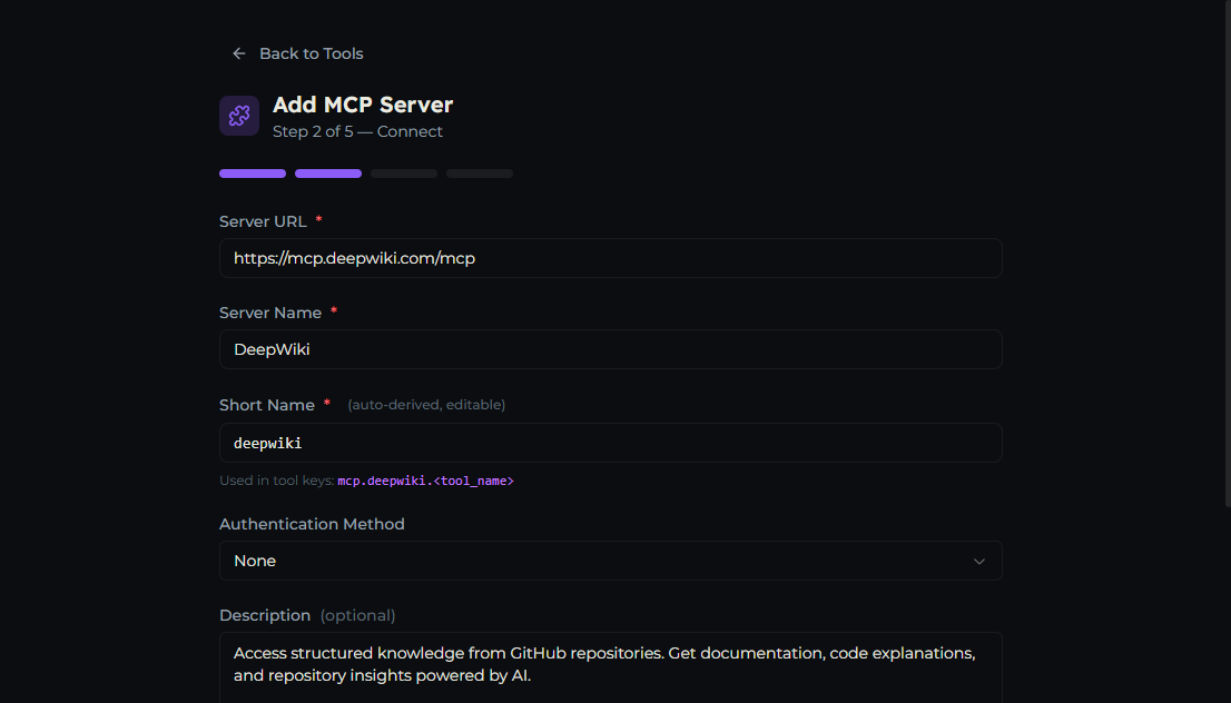 The Configure step with URL, name, short name, authentication, and execution location fields