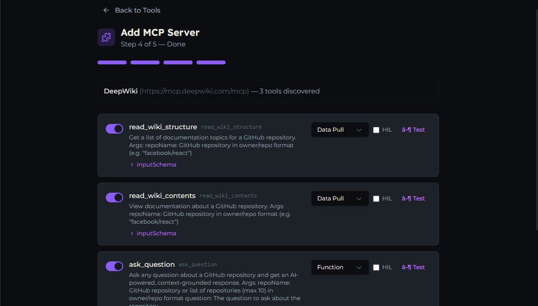 The Review Tools step listing discovered tools with enable toggles, category, HIL, and test controls