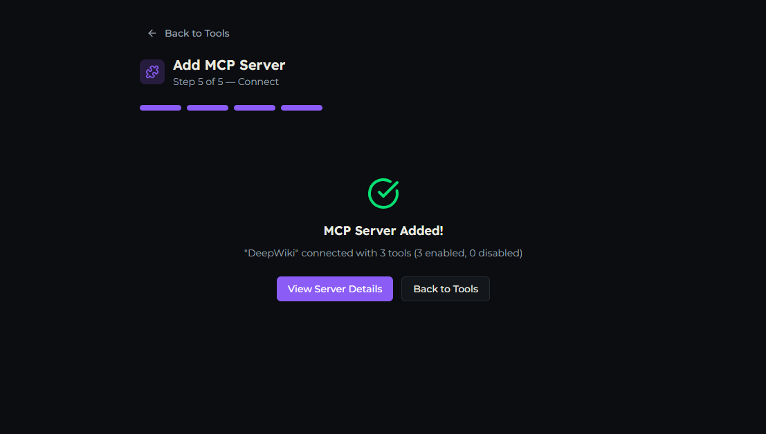 The Done step confirming the MCP server was added
