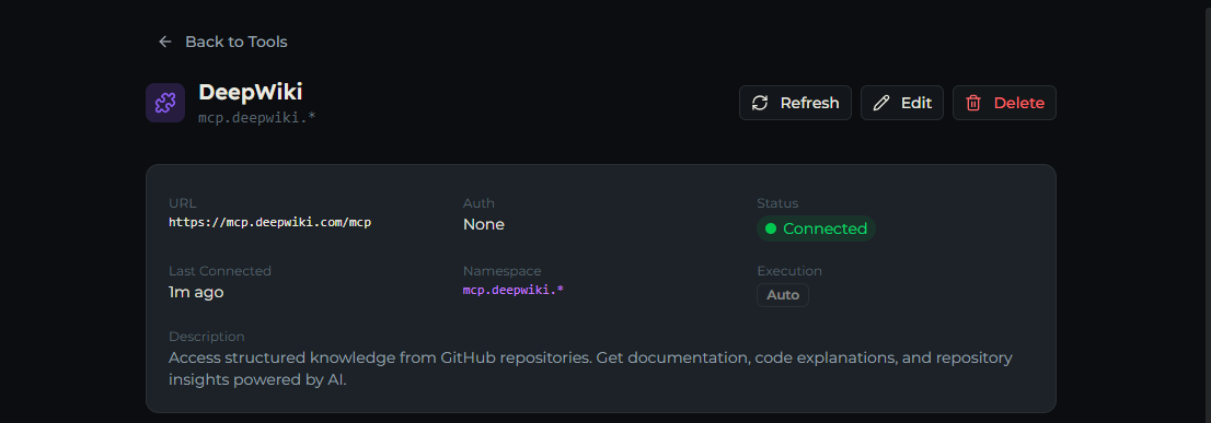 The MCP server detail page with the Server Info card and header actions