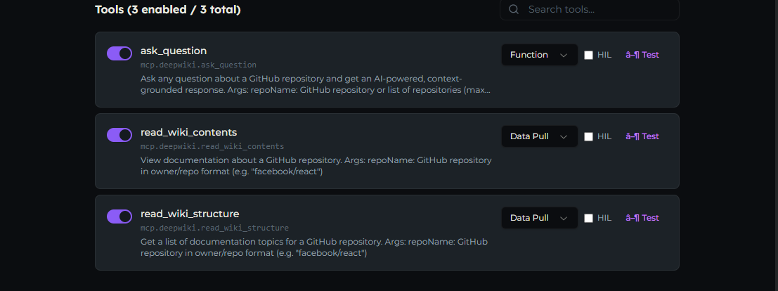 The Tools section of the server detail page with per-tool toggle, category, HIL, and test