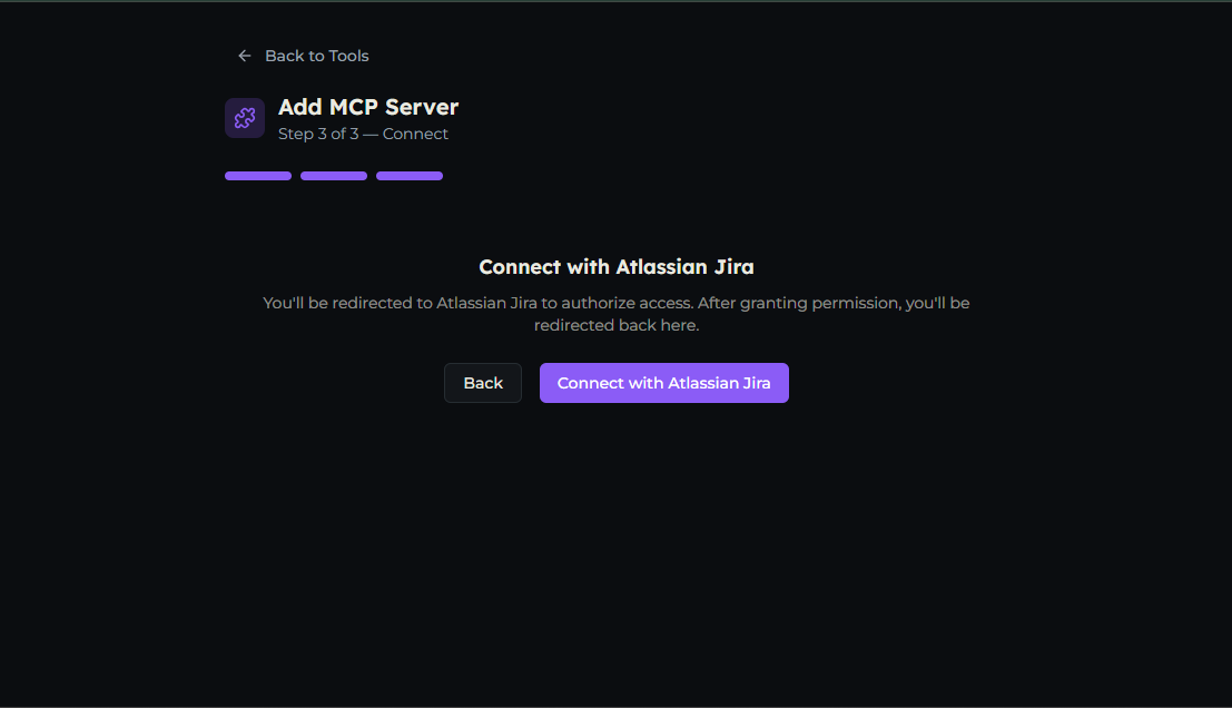 The Connect step prompting authorization with Atlassian Jira