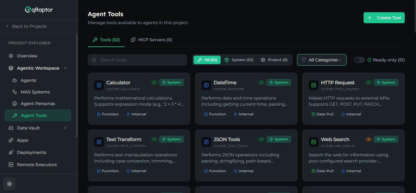 The Agent Tools registry showing tool cards with category, classification, and status badges