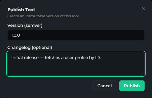 The Publish Tool dialog with an optional changelog field