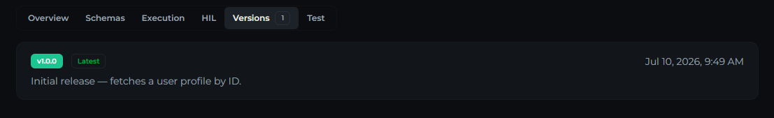 The Version History panel listing tool versions with status and changelog
