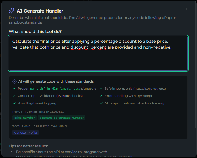 The AI Generate Handler dialog with a description field and standards checklist