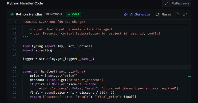 The Python Handler Editor with the code editor, validity badge, and toolbar buttons