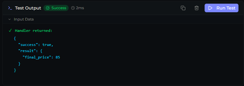 The Python test terminal showing a successful run with returned output
