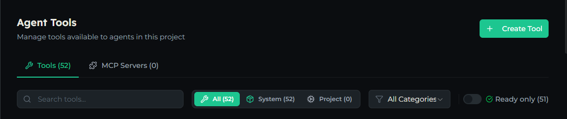 The Agent Tools page with the Tools and MCP Servers section tabs