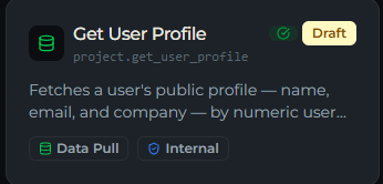 A tool card showing display name, tool key, category, classification, status, and version badges