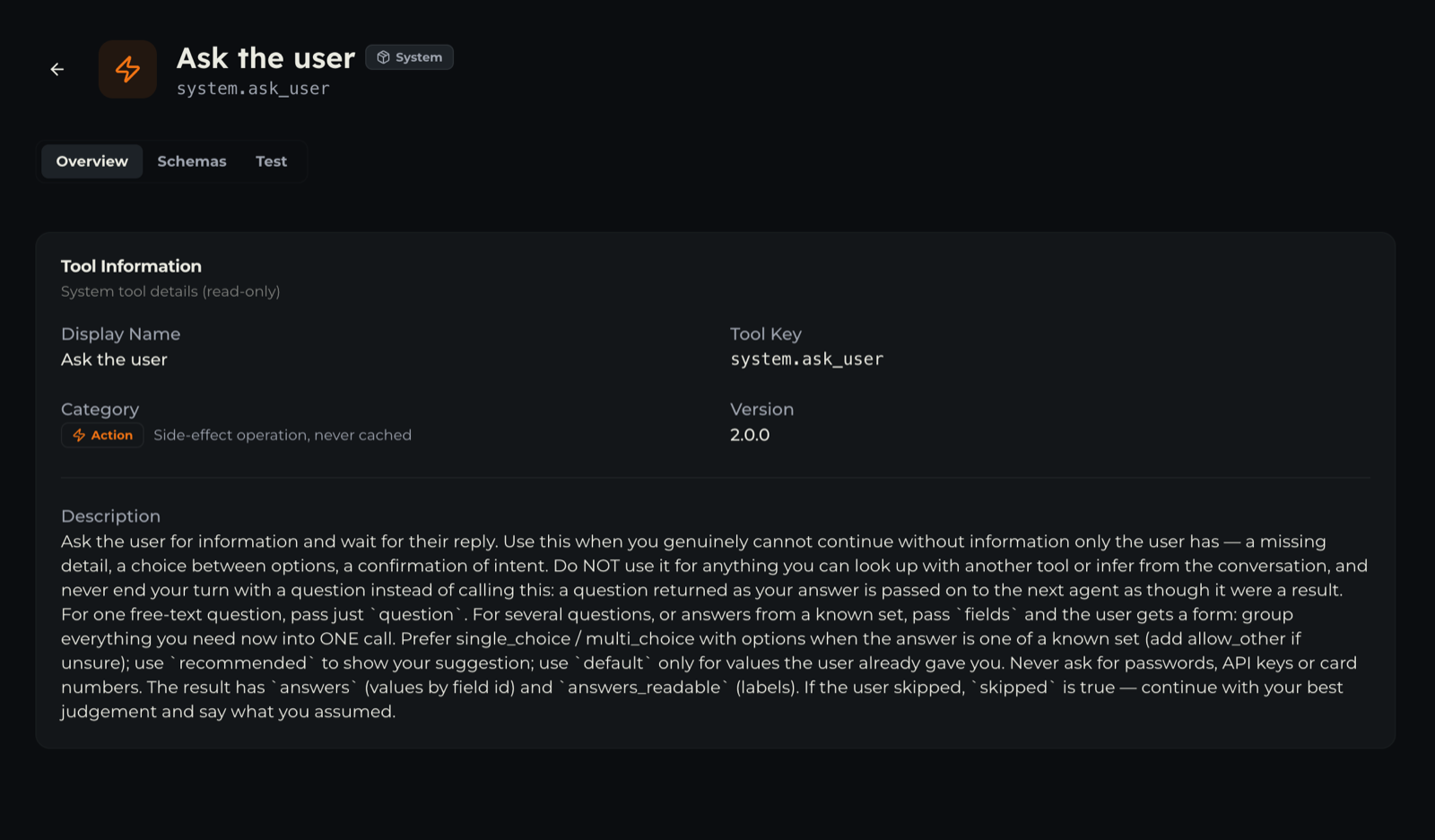 ask_user tool — Overview tab