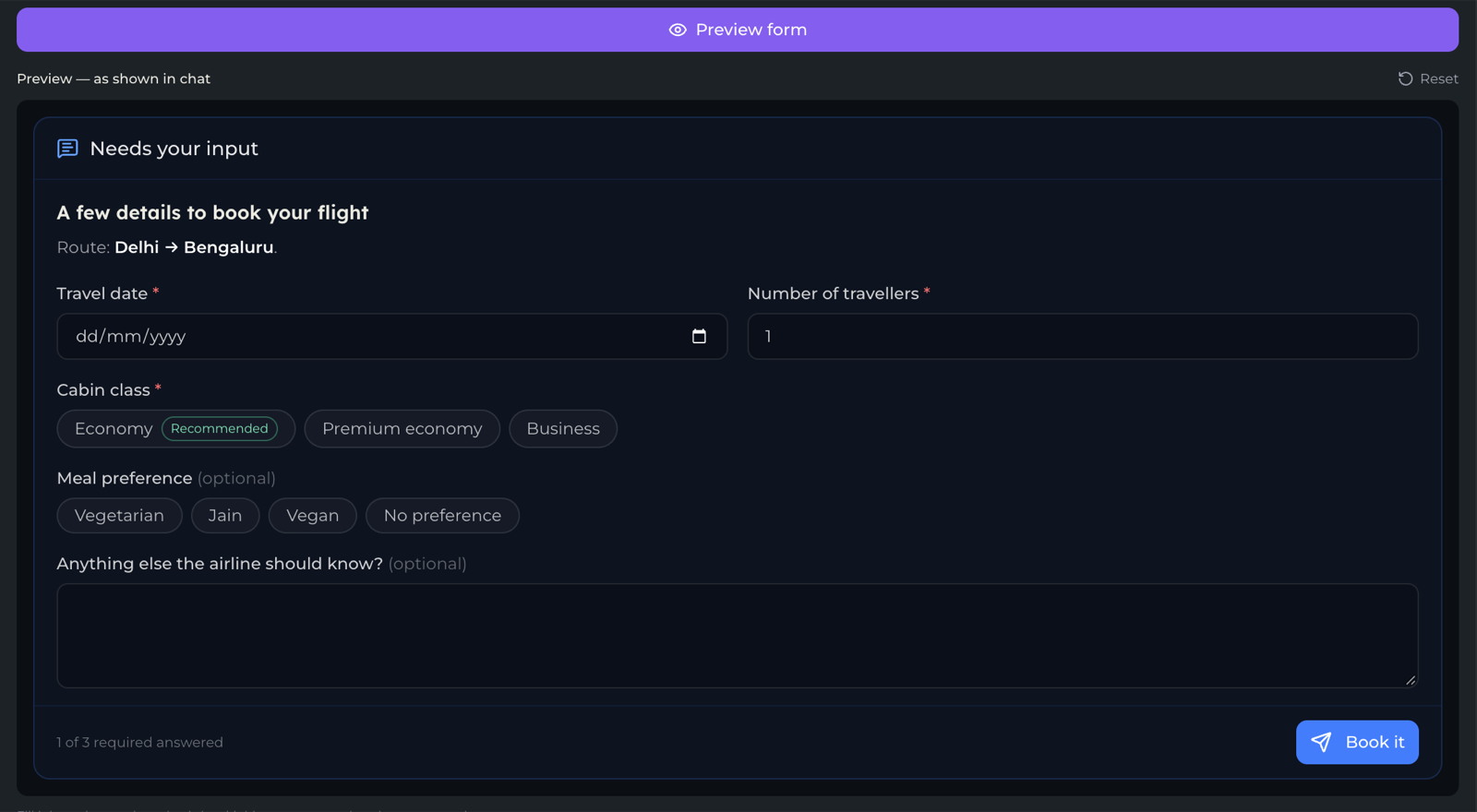 ask_user tool — Test tab showing the flight-booking example previewed as it appears in chat