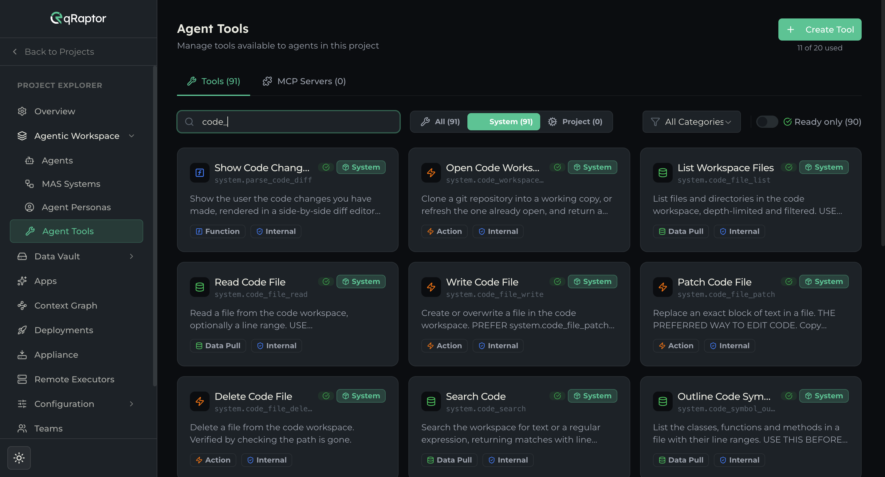 The Agent Tools registry filtered to the System scope with a search for code tools