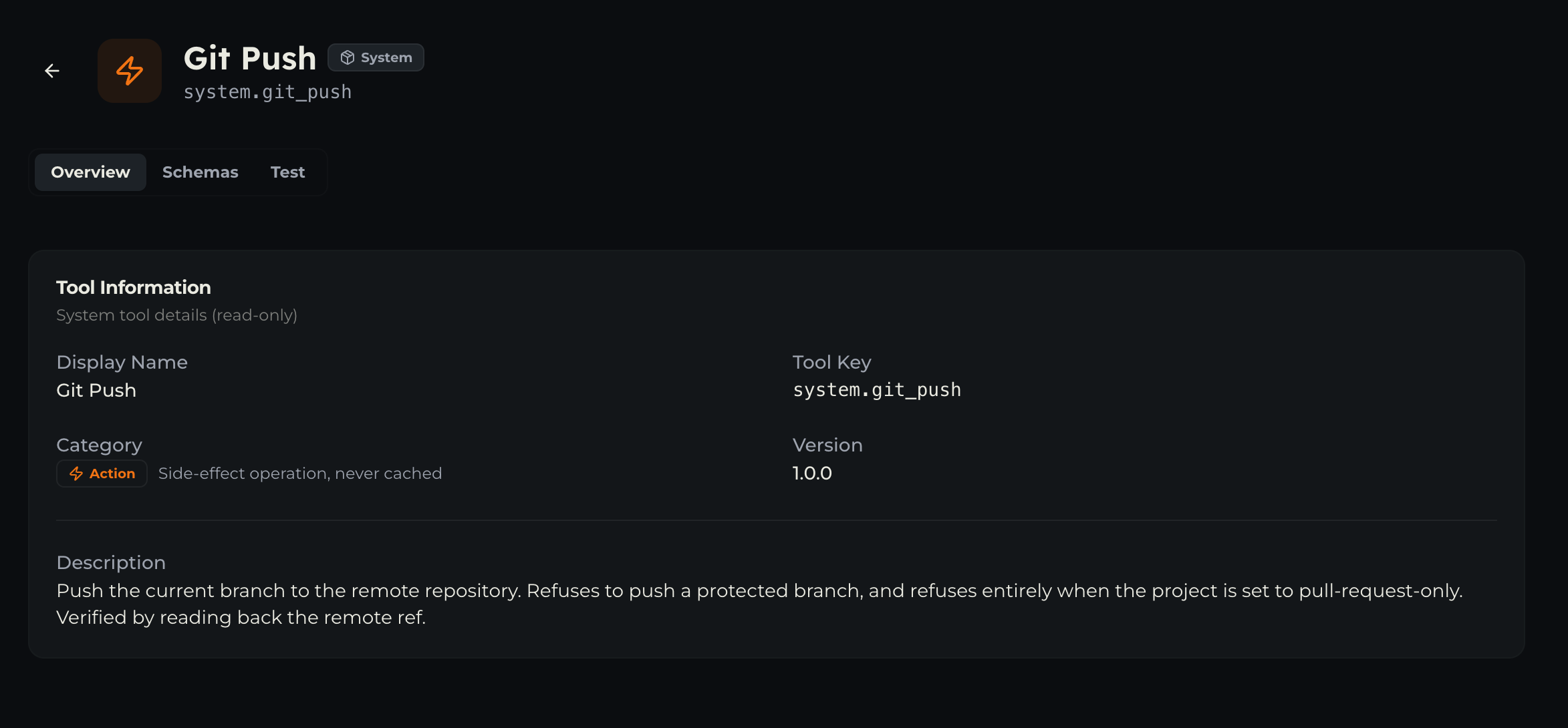 The git_push tool card in the registry.