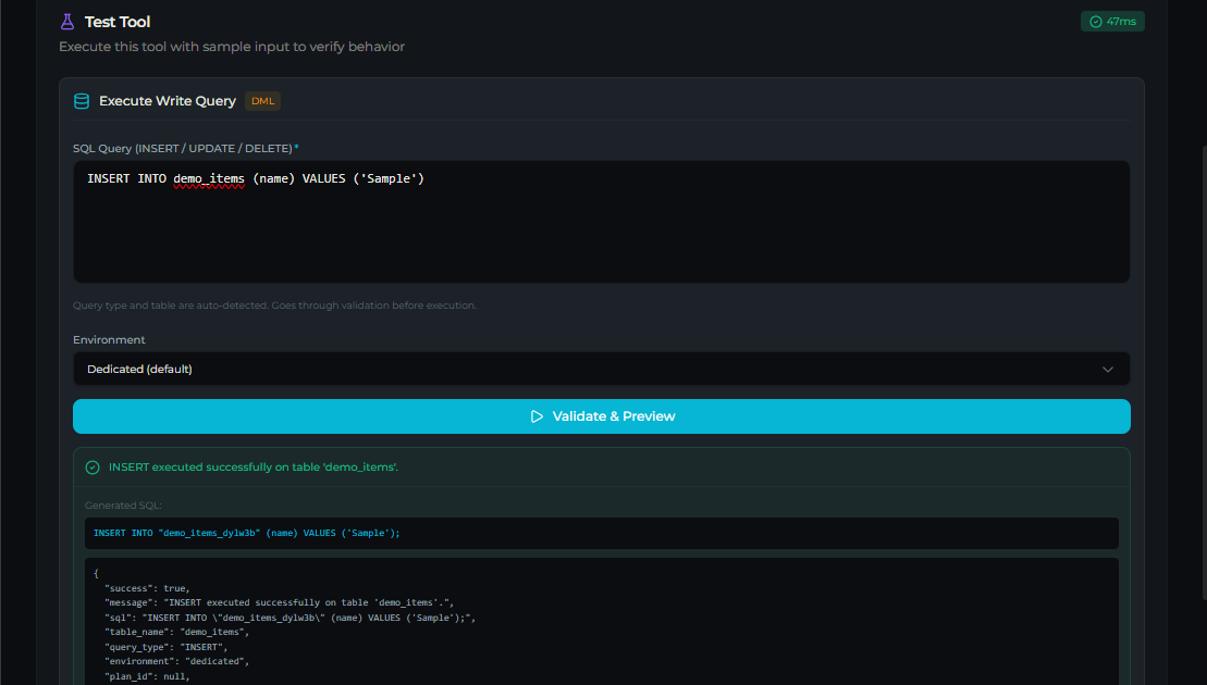 agent_db_write tool — Test tab
