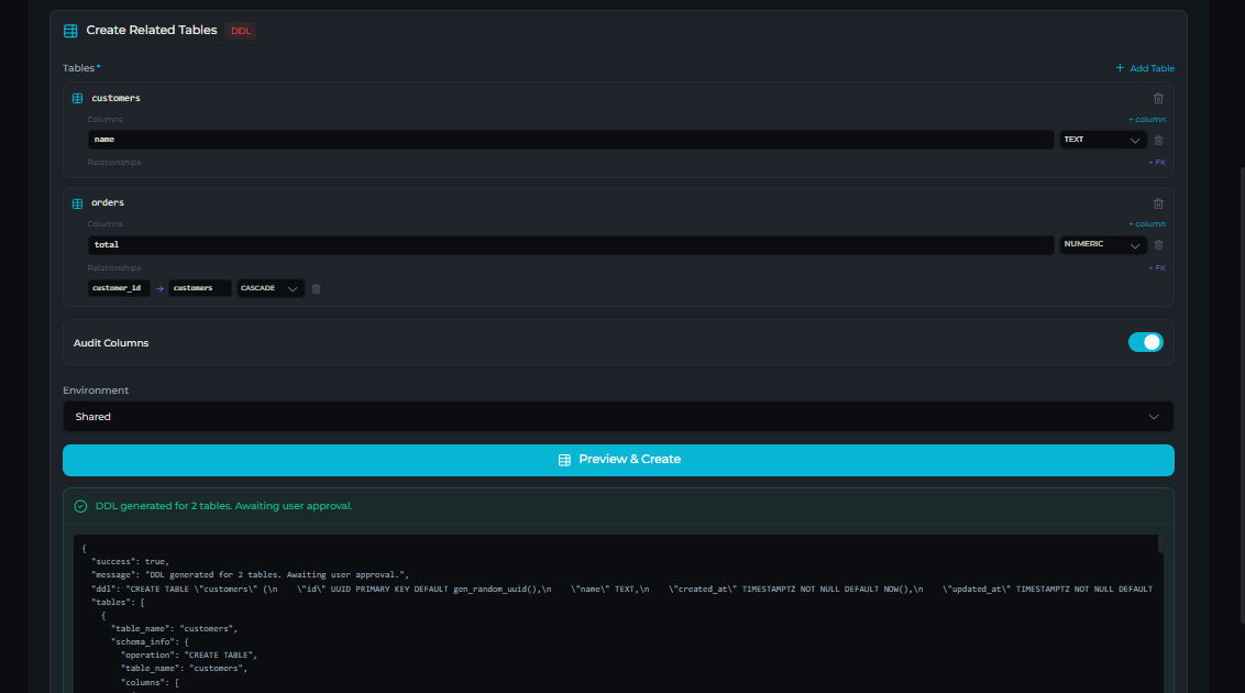 db_create_related_tables tool — Test tab