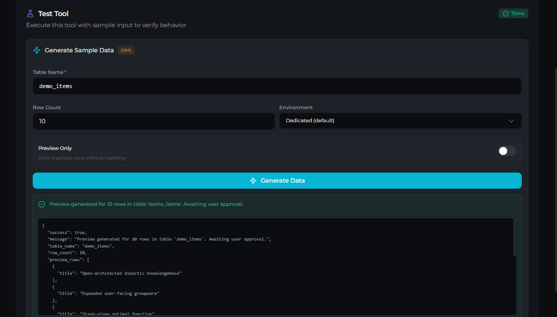 db_generate_data tool — Test tab