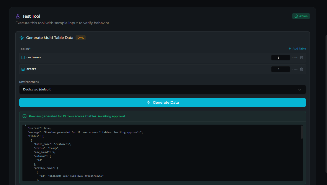db_generate_multi_table_data tool — Test tab