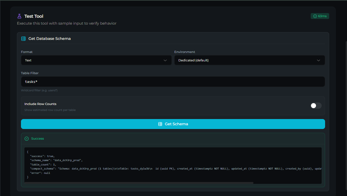 db_get_schema tool — Test tab