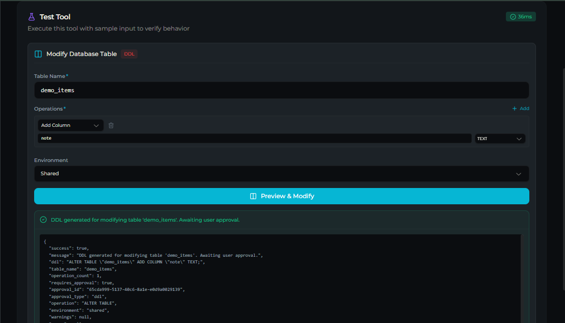 db_modify_table tool — Test tab