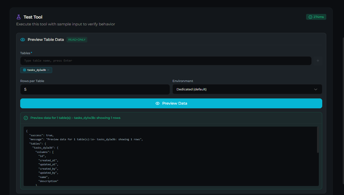 db_preview_table_data tool — Test tab