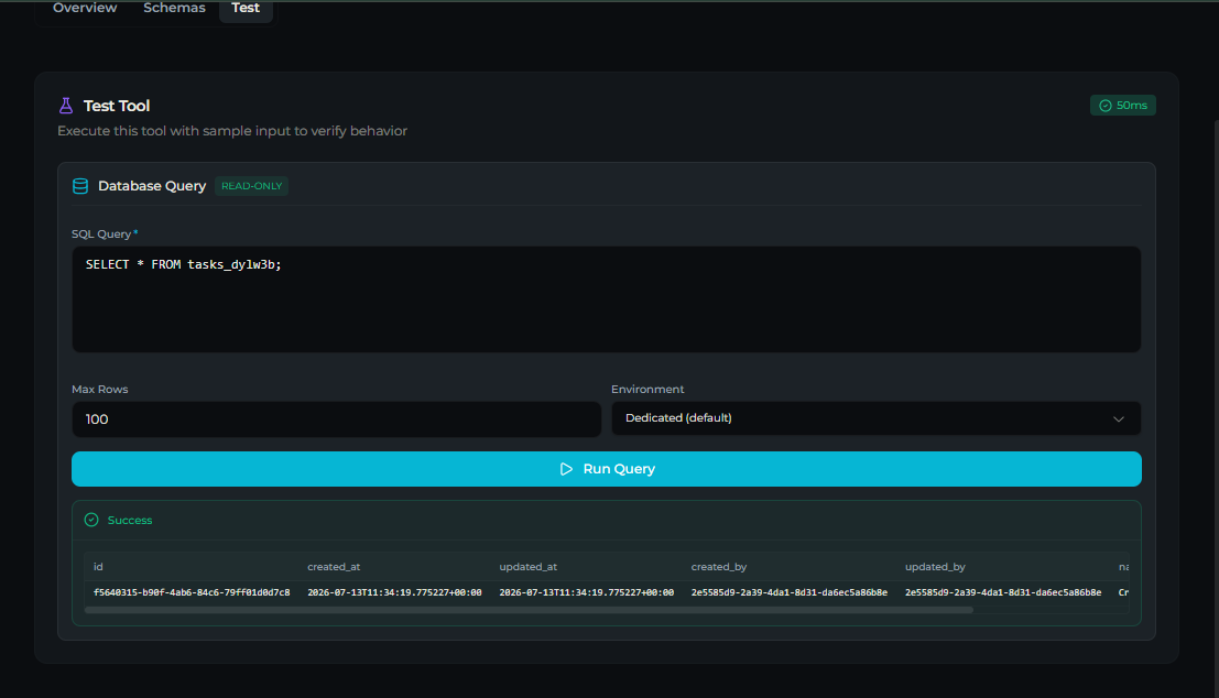db_query tool — Test tab returning rows