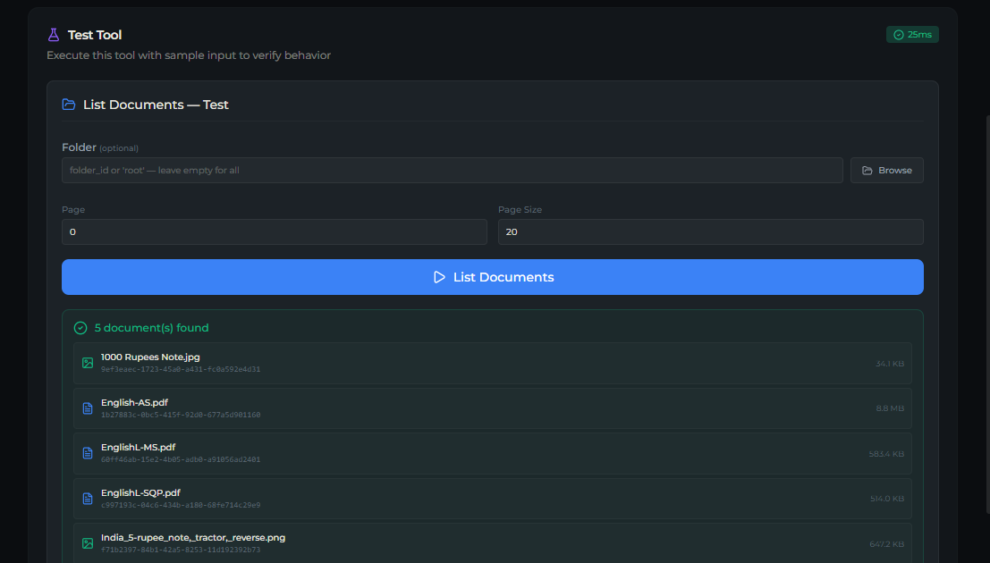 dms_list tool — Test tab