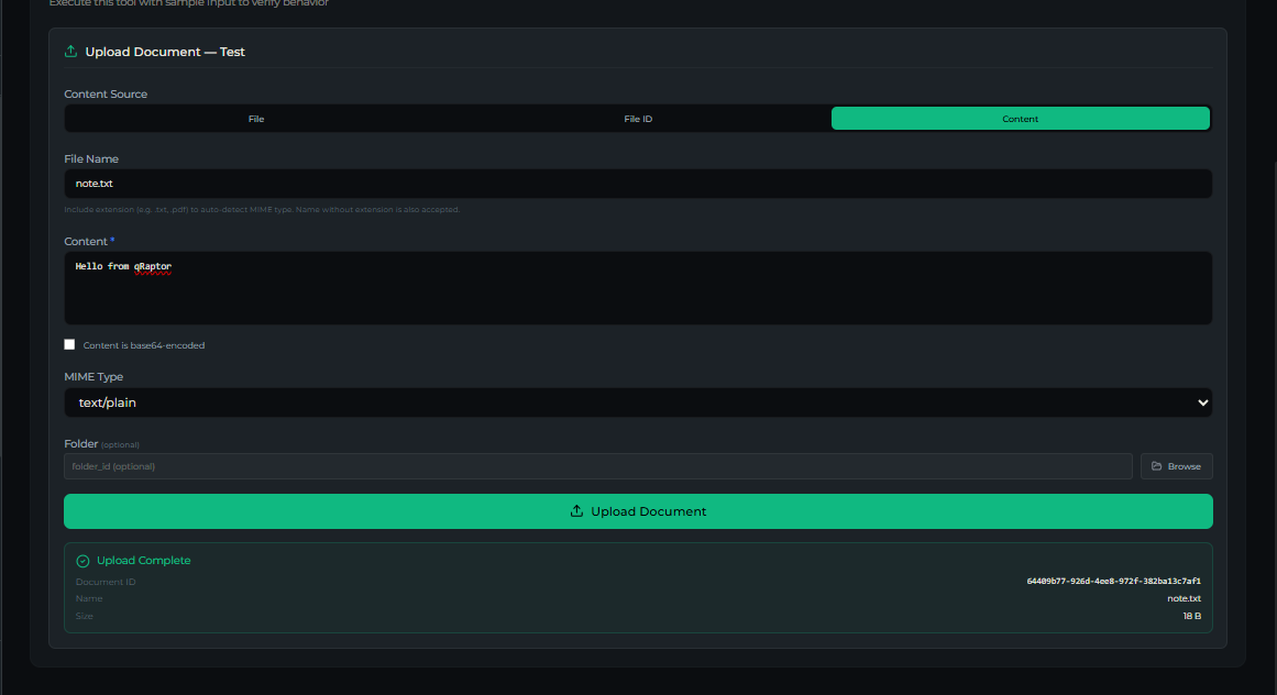 dms_upload tool — Test tab