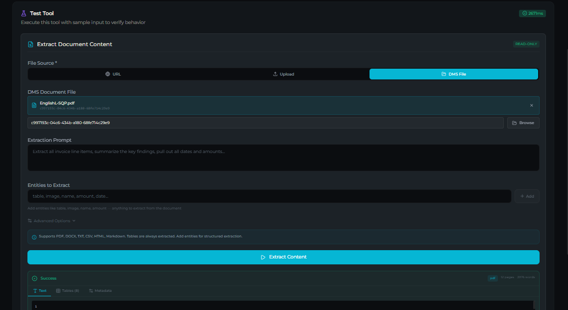 document_extract tool — Test tab