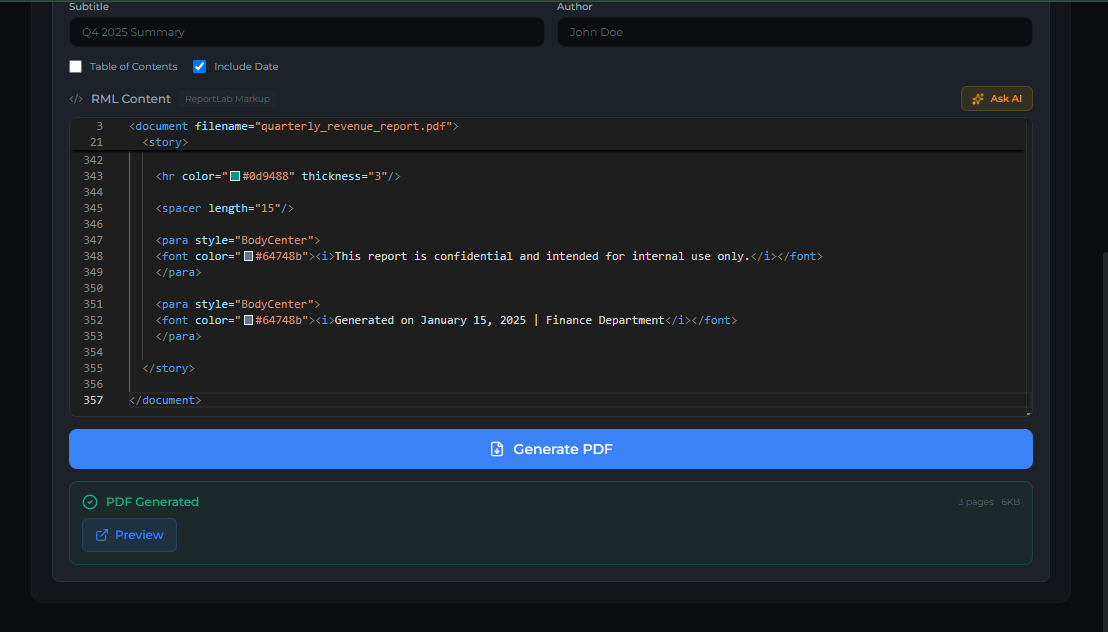 generate_pdf tool — Test tab