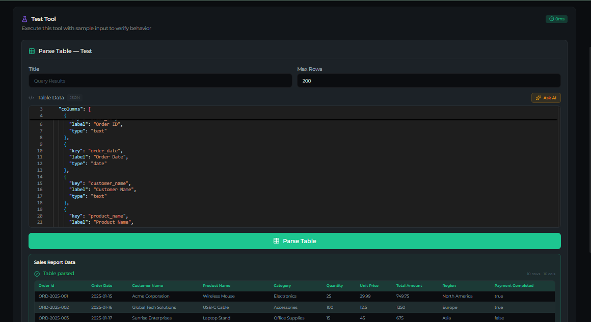 parse_table tool — Test tab